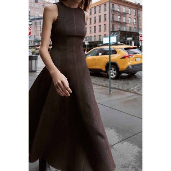 ZARA CONTRAST TOPSTITCHING MIDI DRESS - Picture 3 of 7